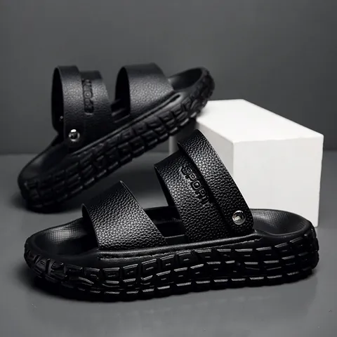 Men Sport Thick Sole EVA Slides Cushioned Double Strap Beach Sandals Lychee Texture Non Slip Height Increasing Casual Summer Shoes
