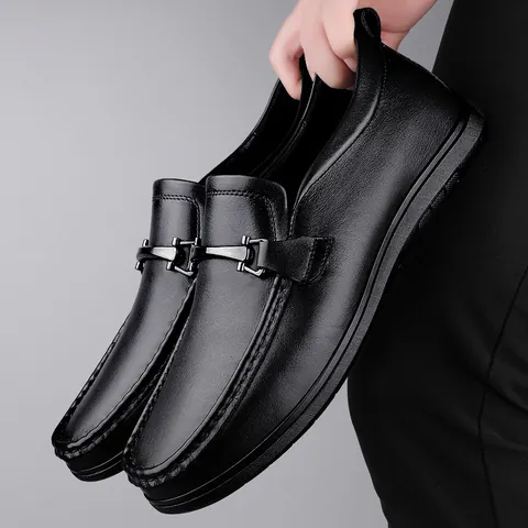 Men's First Layer Cowhide Leather Loafers Slip On Business Casual Shoes With Metal Buckle Breathable Non Slip Rubber Sole