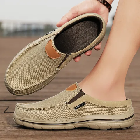 Men's Casual Canvas Loafers Mules Slip-on Walking Shoes Breathable Lightweight Flat Shoes With Stitching Details Large Size