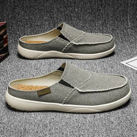 Heren Casual Canvas Loafers Muiltjes Ademend Slip On Backless Sneakers Met Kurk Textuur Binnenzool Dikke Zool Outdoor Vrijetijdsschoenen