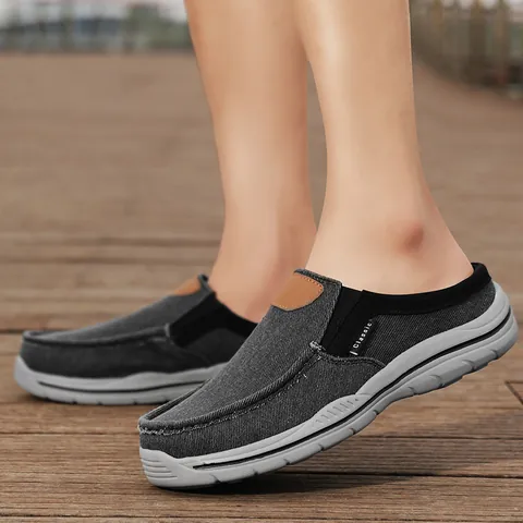 Men's Casual Canvas Loafers Mules Slip-on Walking Shoes Breathable Lightweight Flat Shoes With Stitching Details Large Size