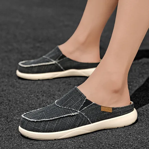 Men's Casual Canvas Mules Breathable Lightweight Half Slippers Frayed Edges Solid Color Flat Loafers Slip On Shoes