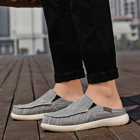 Men's Casual Canvas Mules Breathable Lightweight Half Slippers Frayed Edges Solid Color Flat Loafers Slip On Shoes
