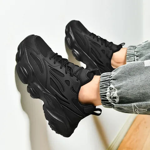 Men's Casual Chunky Sneakers Mesh Synthetic Leather Thick Sole Breathable Height Increasing Lightweight Shock Absorption Retro Sports Shoes