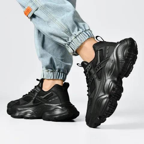 Men's Trendy Chunky Dad Shoes Breathable Mesh PU Leather Platform Height Increasing Casual Sports Sneakers All Black