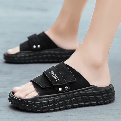 Men's Casual Outdoor Beach Slides Soft Sole Thick Bottom Athletic Sandals Adjustable Magic Tape With Rivet Decoration