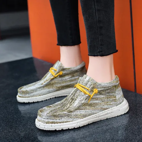 Mocassins en Toile Décontractés Unisexe Légers Respirants en Tricot Avec Lacets Élastiques Semelle Éclaboussée Oreo Chaussures de Marche Mode