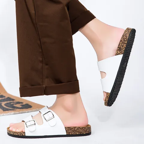 Classic Unisex Cork Slide Sandals Adjustable Double Buckle Artificial Leather Slides Casual Outdoor Beach One Word Slippers