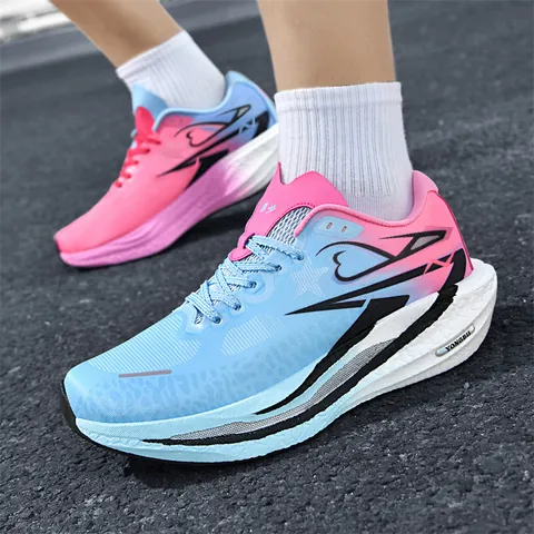 Men's Carbon Plate Running Shoes Lightweight Breathable Mesh Thick Sole Cushioning Gradient Sneakers For Sport Student Training