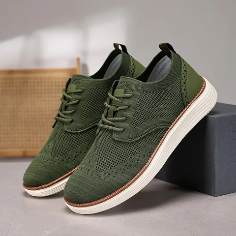 Men Fly-Knit Mesh Casual Loafers Breathable Oxford Dress Walking Shoes Brogue Punching Lace-up Lightweight Shoes For Men