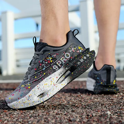 Unisex Running Shoes Hollow Shock Absorption Sneakers Breathable Mesh Splashed Paint Thick Sole Sports Shoes For Students Adults