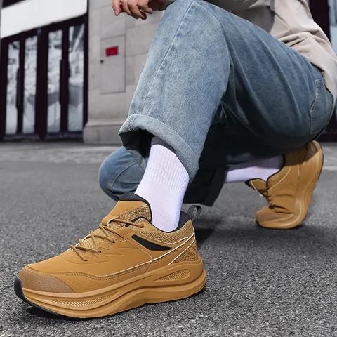 Herren Casual Outdoor Sneaker Stoßdämpfung Atmungsaktiv Dicke Sohle PU-Leder Low Top Mode Wanderschuhe Retro-Design