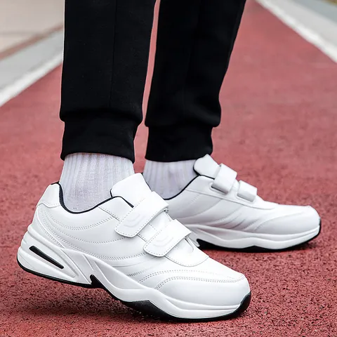 Men Casual Walking Sneakers Lightweight Non-Slip Reflective PU Leather Hook-And-Loop Sports Shoes For Dad Middle Aged