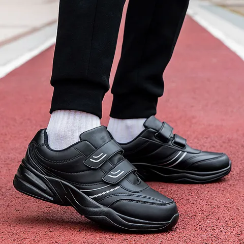 Men Casual Walking Sneakers Lightweight Non-Slip Reflective PU Leather Hook-And-Loop Sports Shoes For Dad Middle Aged