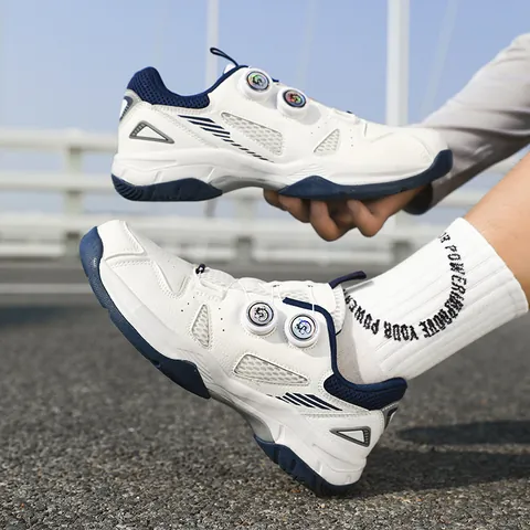 Men Professional Table Tennis Badminton Shoes Dual Rotary Buckle Breathable Shock Absorption Training Sports Sneakers White Navy