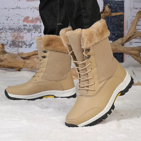 Dames High-Top Sneeuwlaarzen PU Waterdicht Winter Warm Laarzen Kunstbont Voering Gewatteerd Vetersluiting Outdoor Antislip Schoenen