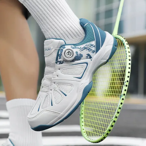 Professional Men Badminton Shoes Breathable Mesh Training Sneakers With Rotating Buckle Mechanical Knob Non-Slip Rubber Sole