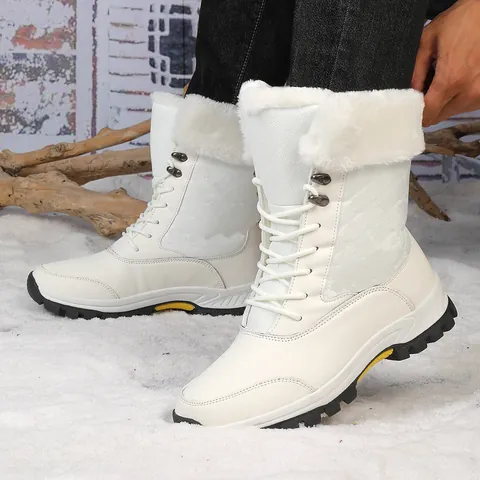 Warm Winter Snow Boots Faux Fur Lining High Top Quilted Outdoor Non-Slip Shoes Men Women Waterproof PU Leather Lace Up Boots