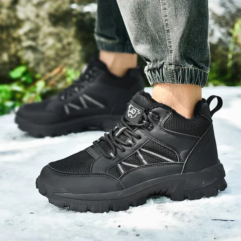 Men Women Winter Snow Boots Warm Fleece Lined Outdoor Hiking Boots Mid Top Non Slip TPR Sole Casual Cotton Shoes Khaki Black