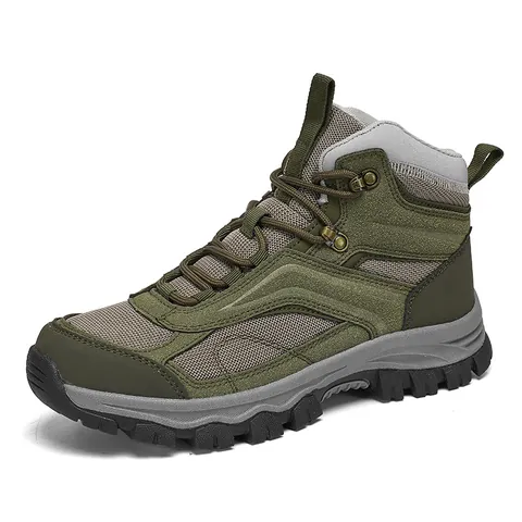 Men Mid-Top Outdoor Hiking Shoes Breathable Mesh Suede Patchwork Trekking Sneakers Non-Slip Wear-Resistant Climbing Boots