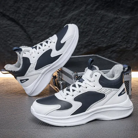 Men's Winter High Top Sneakers Warm Plush Lined Shoes Leather Casual Running Shoes Color Block Non Slip Athletic Sports Shoes