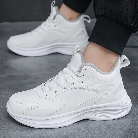 Men's Winter High Top Sneakers Warm Plush Lined Shoes Leather Casual Running Shoes Color Block Non Slip Athletic Sports Shoes