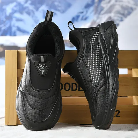Chaussures de Marche Hiver Homme Doublées Peluche Cuir PU Sans Lacets Extérieur Antidérapant Sneakers Décontractées Seniors
