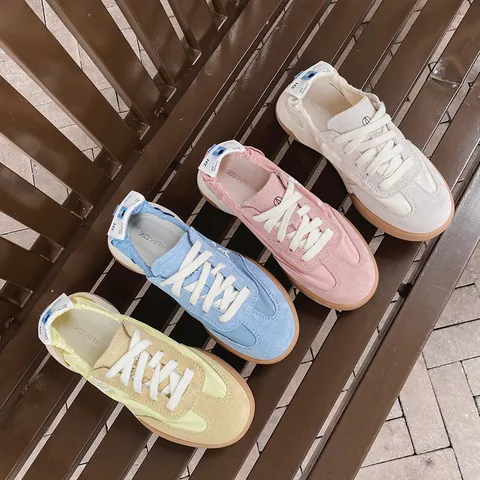 Women's Ballet Style German Trainer Shoes Pigskin Fabric Stitching Casual Breathable Color Block Lightweight Fashion Sneakers