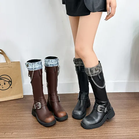 Women's Vintage Knee High Knight Boots Retro Faux Leather Denim Patchwork Western Cowboy Boots Chunky Mid Heel Platform Tall Boots With Metal Chain Buckle Belt