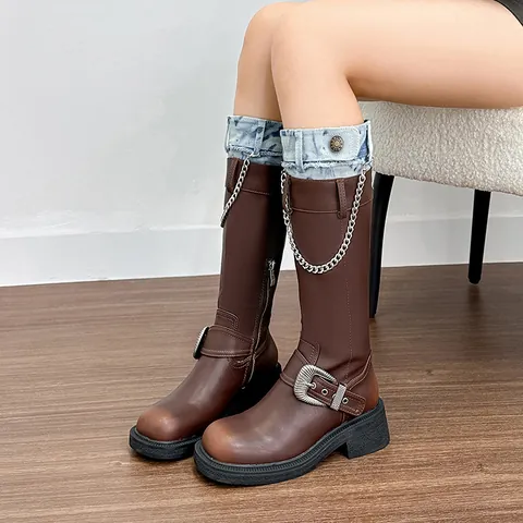 Women's Vintage Knee High Knight Boots Retro Faux Leather Denim Patchwork Western Cowboy Boots Chunky Mid Heel Platform Tall Boots With Metal Chain Buckle Belt
