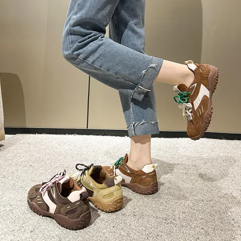 2024 Nuevas Zapatillas de Deporte de Plataforma Estilo German Army Trainer de Color de Contraste para Mujer Zapatos de Cuero Retro Casual