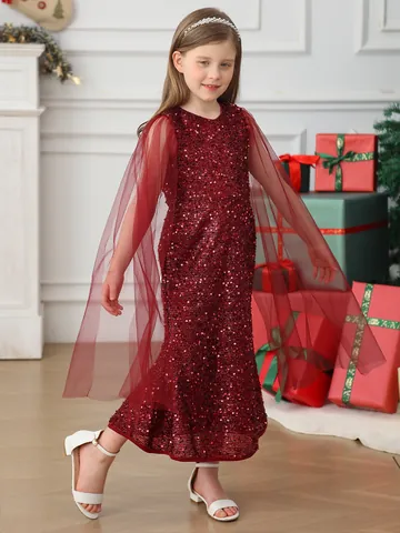 Girls Sequin Burgundy Dress Sleeveless Elegant Tulle Cape Princess Gown For Christmas Party Performance Wedding Formal Event