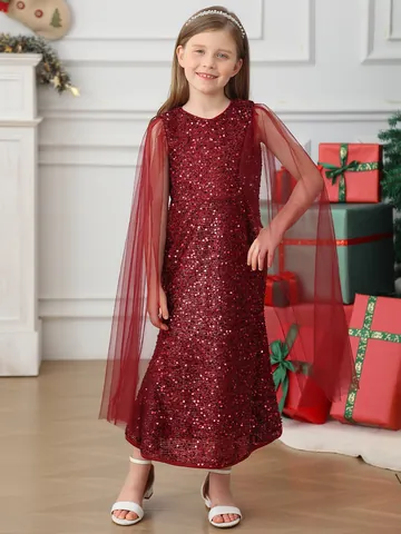 Girls Sequin Burgundy Dress Sleeveless Elegant Tulle Cape Princess Gown For Christmas Party Performance Wedding Formal Event