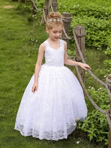 Vestido de Princesa de Encaje para Niñas Blanco Sin Mangas de Malla de Florista Boda Fiesta Elegante Vestido de Comunión para Niños