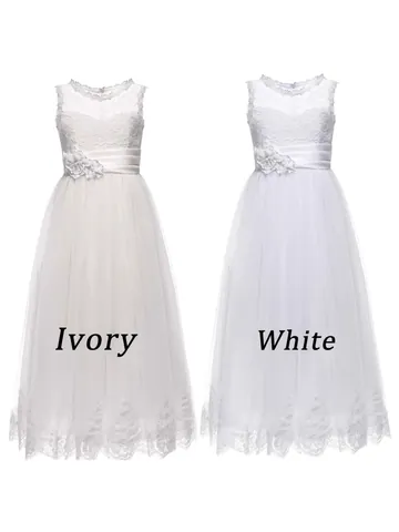 Flower Girl Dress White Lace Tulle Kids Wedding Gown Sleeveless Long Sleeve Princess Birthday Ceremony Dress For Girls