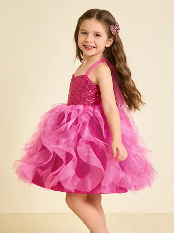 Girls Sequin Princess Tutu Dress Rose Pink Mesh Layered Gown For Birthday Party Performance Wedding Kids Sleeveless Bow Dress