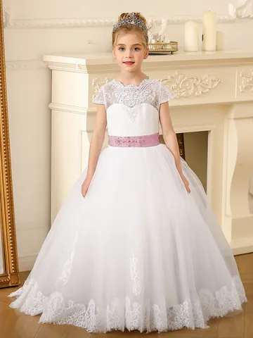 Girls Princess Dress Lace Mesh Flower Girl Wedding Party Gown With Bow Belt Elegant Formal Kids Birthday Baptism Dress