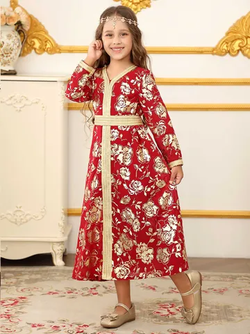 Vestido Kaftán Niña Oriente Medio Dubái Abaya Robe para Niños Bronceado Floral Manga Larga Étnico Princesa Fiesta Maxi