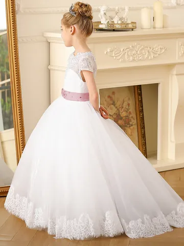 Girls Princess Dress Lace Mesh Flower Girl Wedding Party Gown With Bow Belt Elegant Formal Kids Birthday Baptism Dress