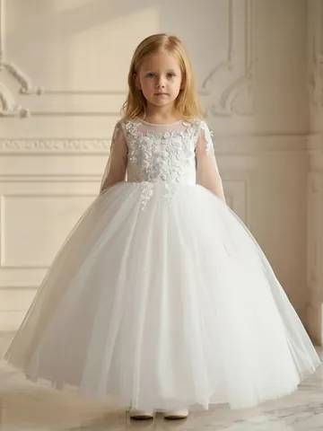 Vintage Lace Mesh Flower Girl Dress For Wedding Party Girls Princess Tulle Gown Embroidery Formal Communion Kids Dress