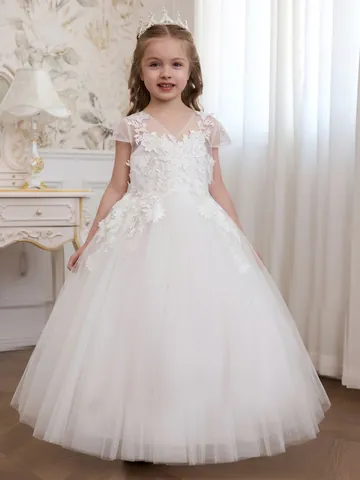 Mädchen Weißes Spitze Netz Prinzessin Kleid V-Ausschnitt Stickerei Blumenmädchen Hochzeit Party Kleid Kinder Formelle Kleidung