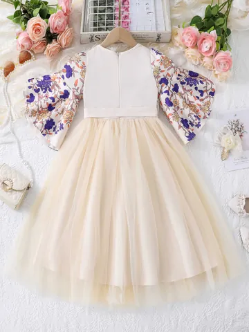 Middle Eastern Style Girls Floral Long Sleeve Kaftan Dress With Belt Mesh Patchwork Champagne Holiday Party Princess Dress