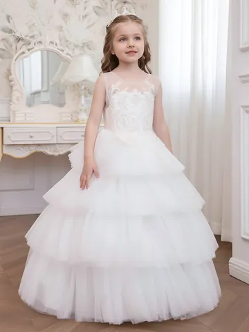 Girls Flower Girl Wedding Dress White Lace Tulle Mesh Cake Skirt Sleeveless Princess Birthday Party Performance Embroidery Dress