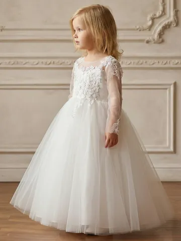 Vintage Lace Mesh Flower Girl Dress For Wedding Party Girls Princess Tulle Gown Embroidery Formal Communion Kids Dress