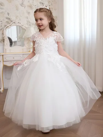 Mädchen Weißes Spitze Netz Prinzessin Kleid V-Ausschnitt Stickerei Blumenmädchen Hochzeit Party Kleid Kinder Formelle Kleidung