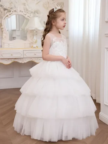 Girls Flower Girl Wedding Dress White Lace Tulle Mesh Cake Skirt Sleeveless Princess Birthday Party Performance Embroidery Dress
