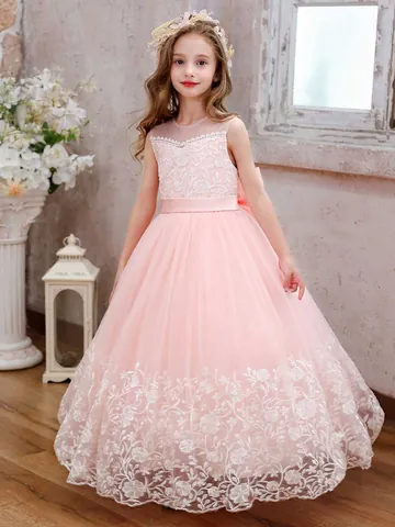 Mädchen Rosa Prinzessinnenkleid Spitze Stickerei Netz Ärmellos Blumenmädchen Hochzeitskleid Für Geburtstagsfeier Kinder Formelles Kleid