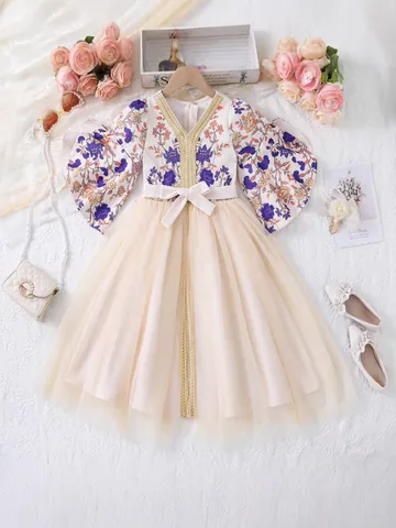 Middle Eastern Style Girls Floral Long Sleeve Kaftan Dress With Belt Mesh Patchwork Champagne Holiday Party Princess Dress