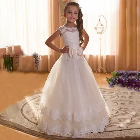 Elegant Girls Lace Mesh Flower Girl Dress Floor Length Big Bow Princess Gown For Wedding Birthday Party Ceremony