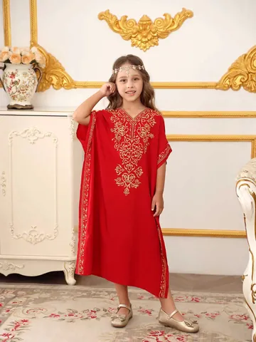 Vestido Caftán de Medio Oriente para Niñas Rojo Vino Bordado Dorado Túnica Étnica Manga Larga Vestido de Fiesta Niños 3-13 Años